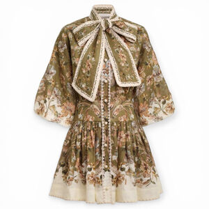 Zimmermann Dress Chintz Tie Neck Mini Linen Floral Green Size 2 US 6 8 Medium